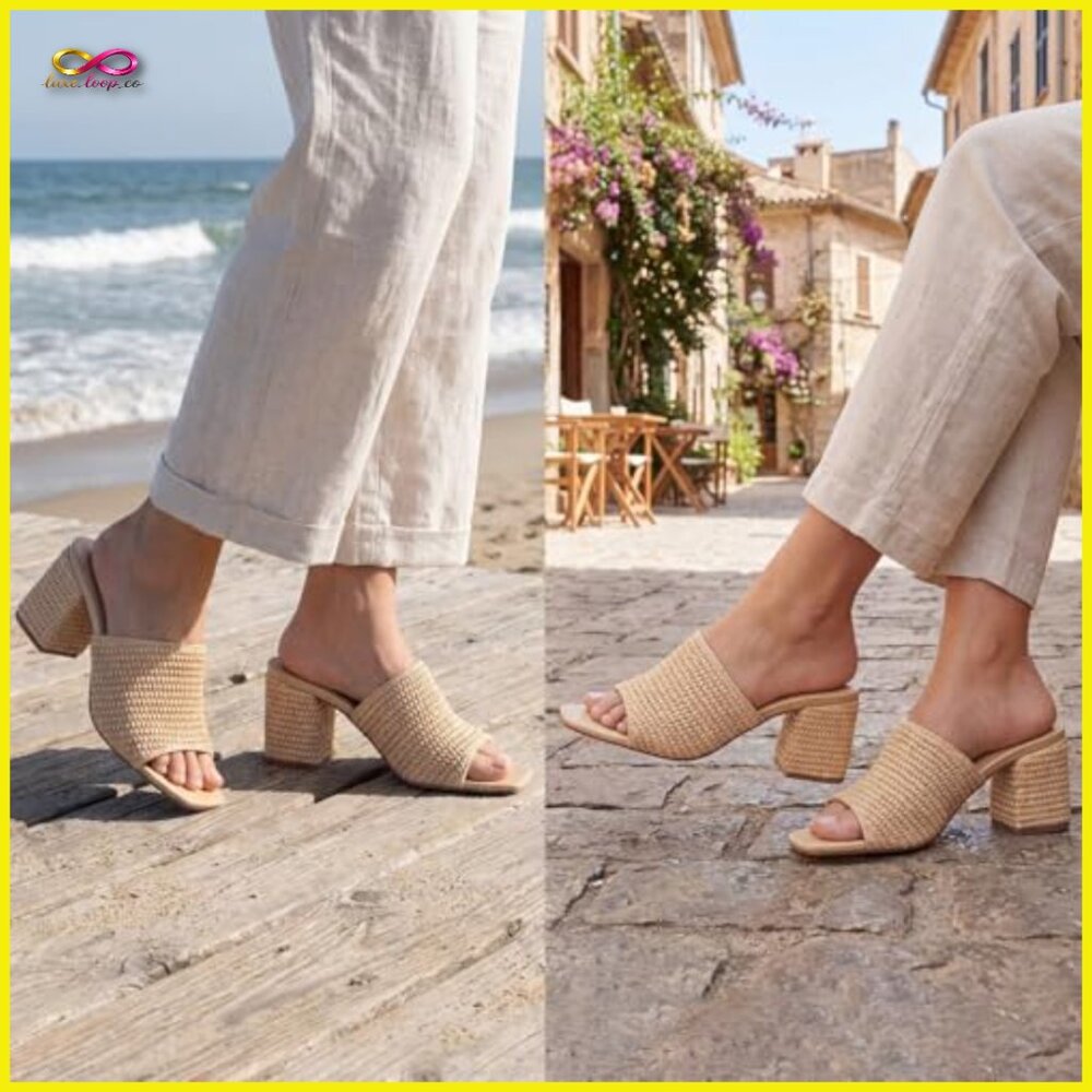 Raffia Woven Block Heel Sandals Slip On Wedge Casual Beach Summer - Picture 5 of 7
